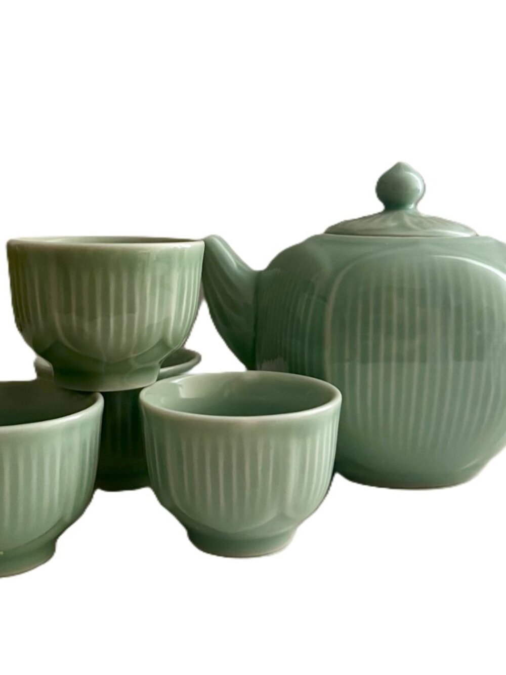 Vintage Handcrafted Celadon Ceramic Ribbed Tea Set